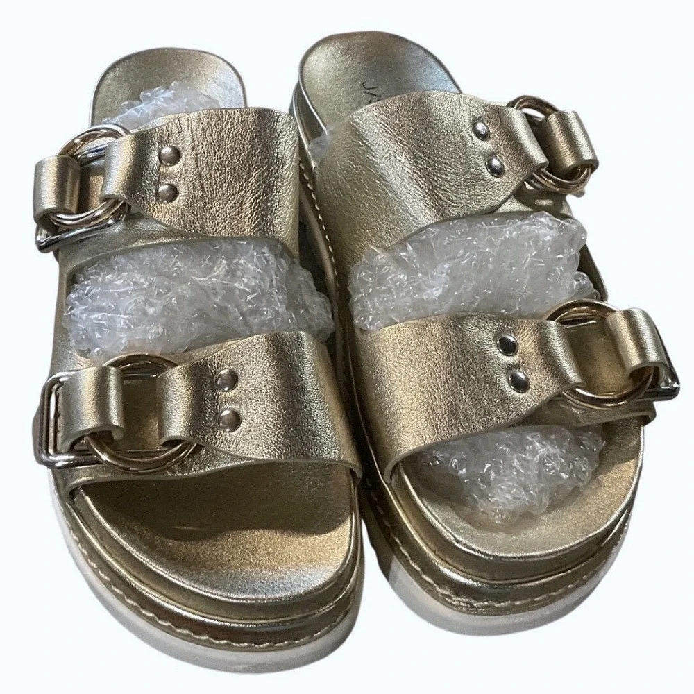 J/Slides Leather Platform Sandals Womens 8 Metallic Gold Buckle Slides